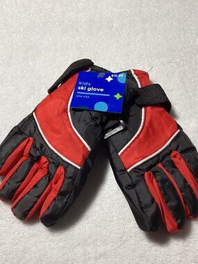 Kids Ski Gloves, Black & Red, One Size
